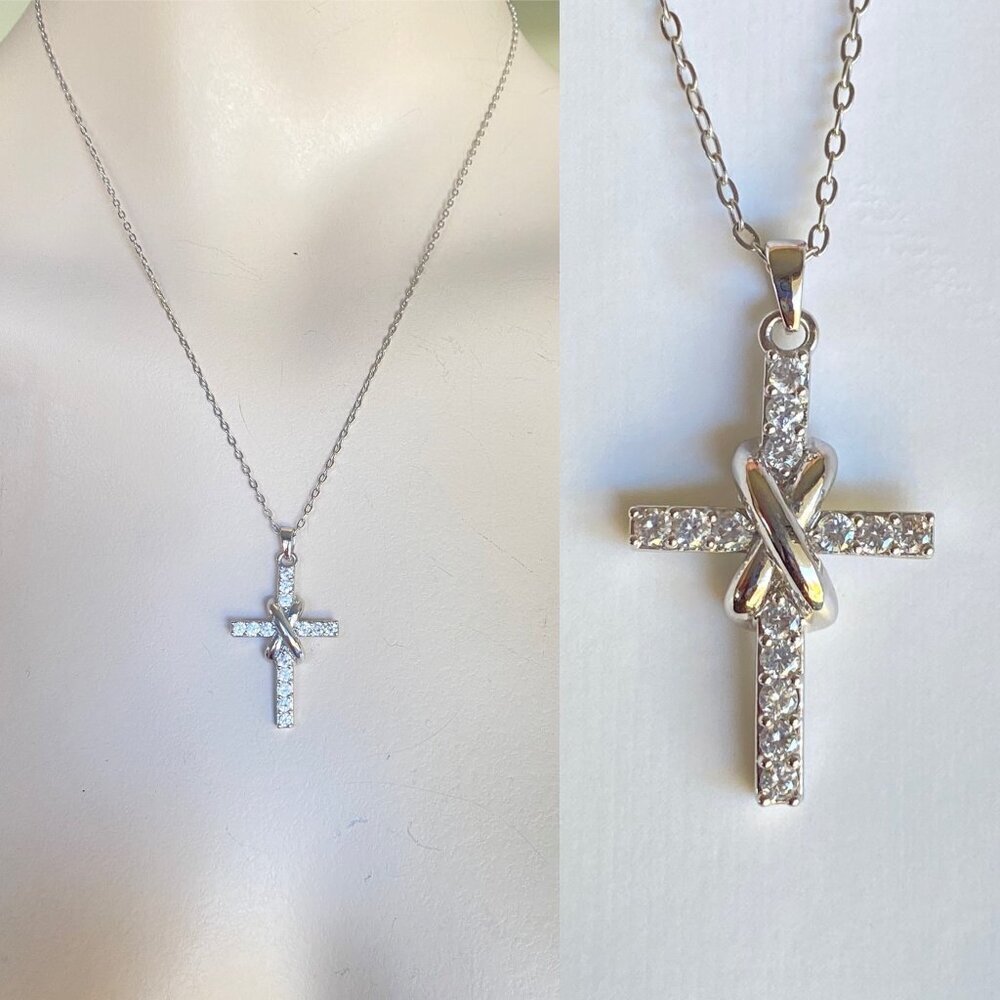 FAC Infinity Knot Cross Silver Tone Crystal Necklace​​​